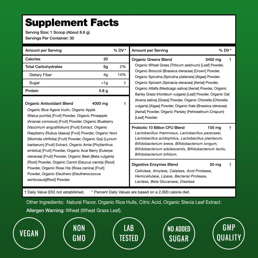 Super Greens Powder Premium Superfood | 20+ Organic Green Veggie Whole Foods | Wheat Grass, Spirulina, Chlorella | Antioxidant, Digestive Enzyme & Probiotic Blends (9.0 Oz, Berry)