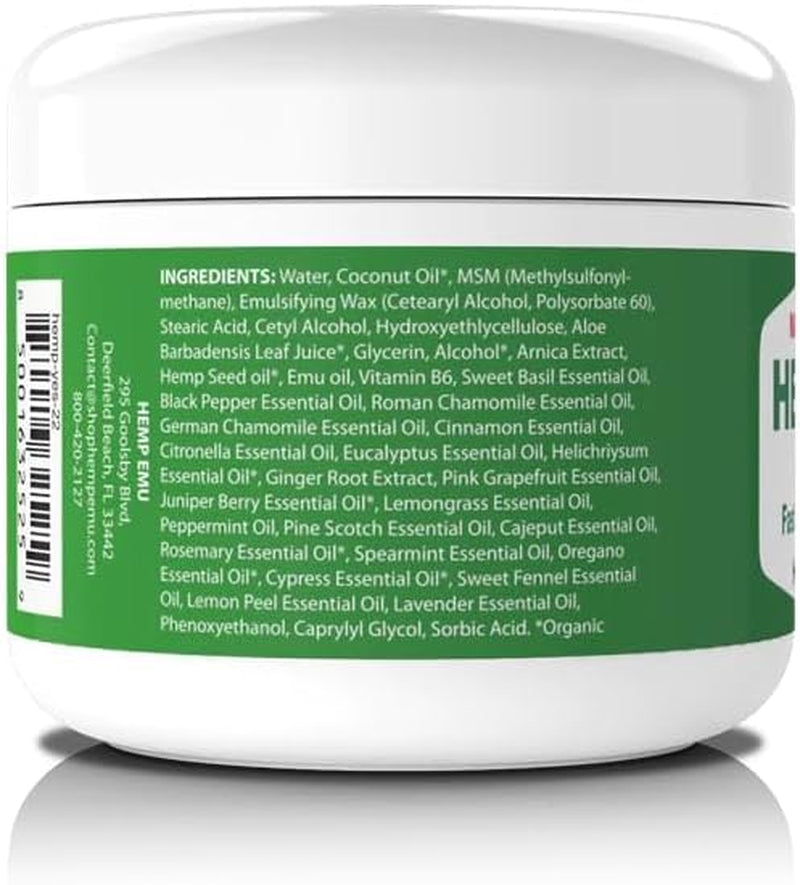 Hemp Cream - Organic Hemp Oil Muscle Rub - Naturally Soothe Discomfort in Joints, Back, Knees with Premium Menthol Cream & Eucalyptus Essential Cream - Made in USA - 4Oz