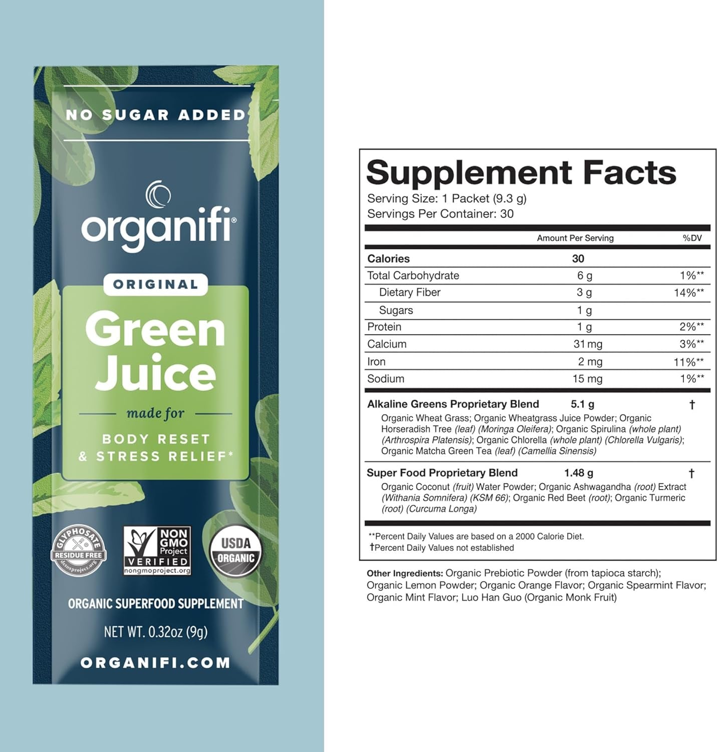 GO Packs Green Juice - Organic Superfood Supplement Powder - 30 Travel Packs