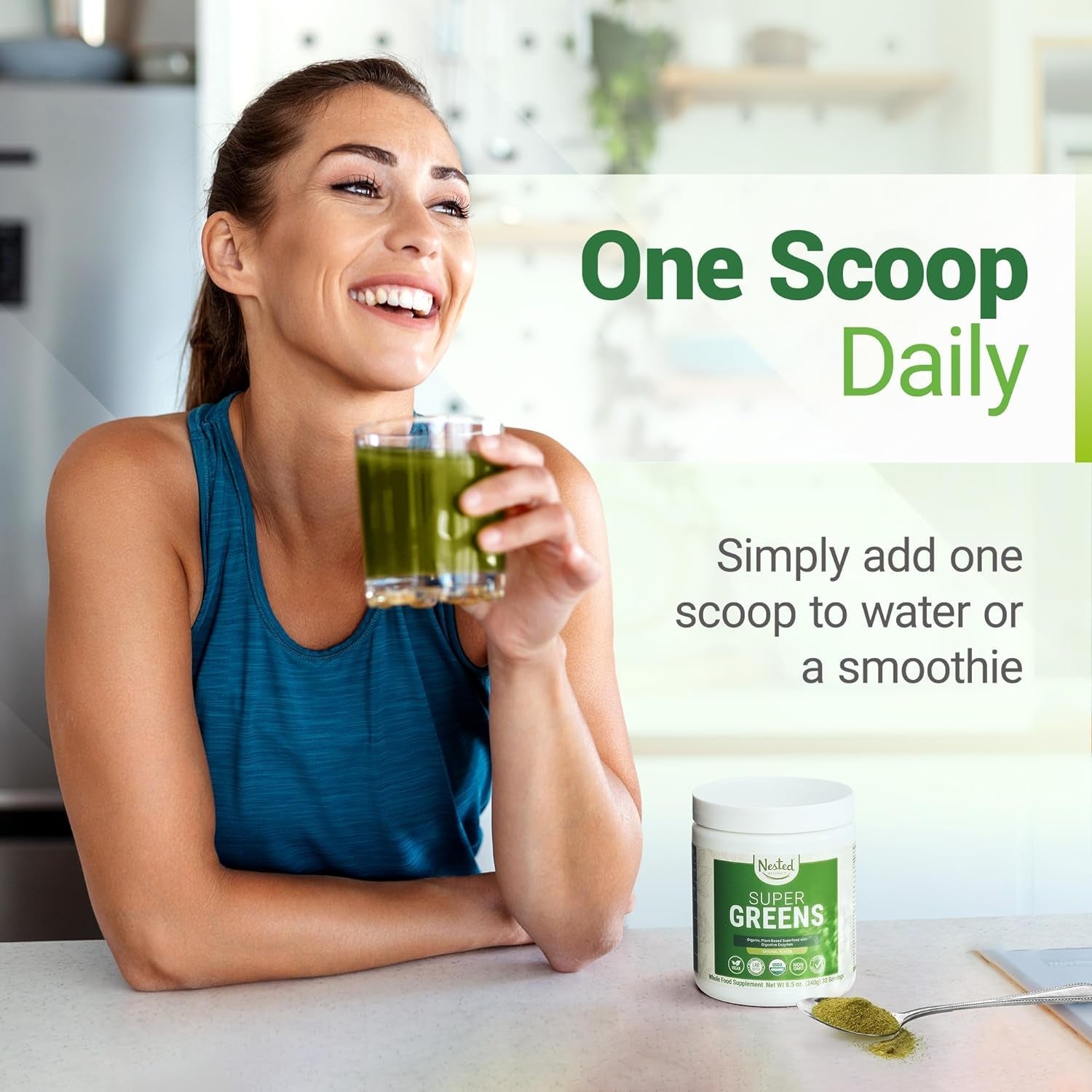 Super Greens Daily Greens Superfood Powder - Certified USDA Organic Green Powder W/20+ Whole Foods, Spirulina Powder, Wheat & Barley Grass - Probiotics, Fiber & Enzymes - Original Flavour, 30 Servings