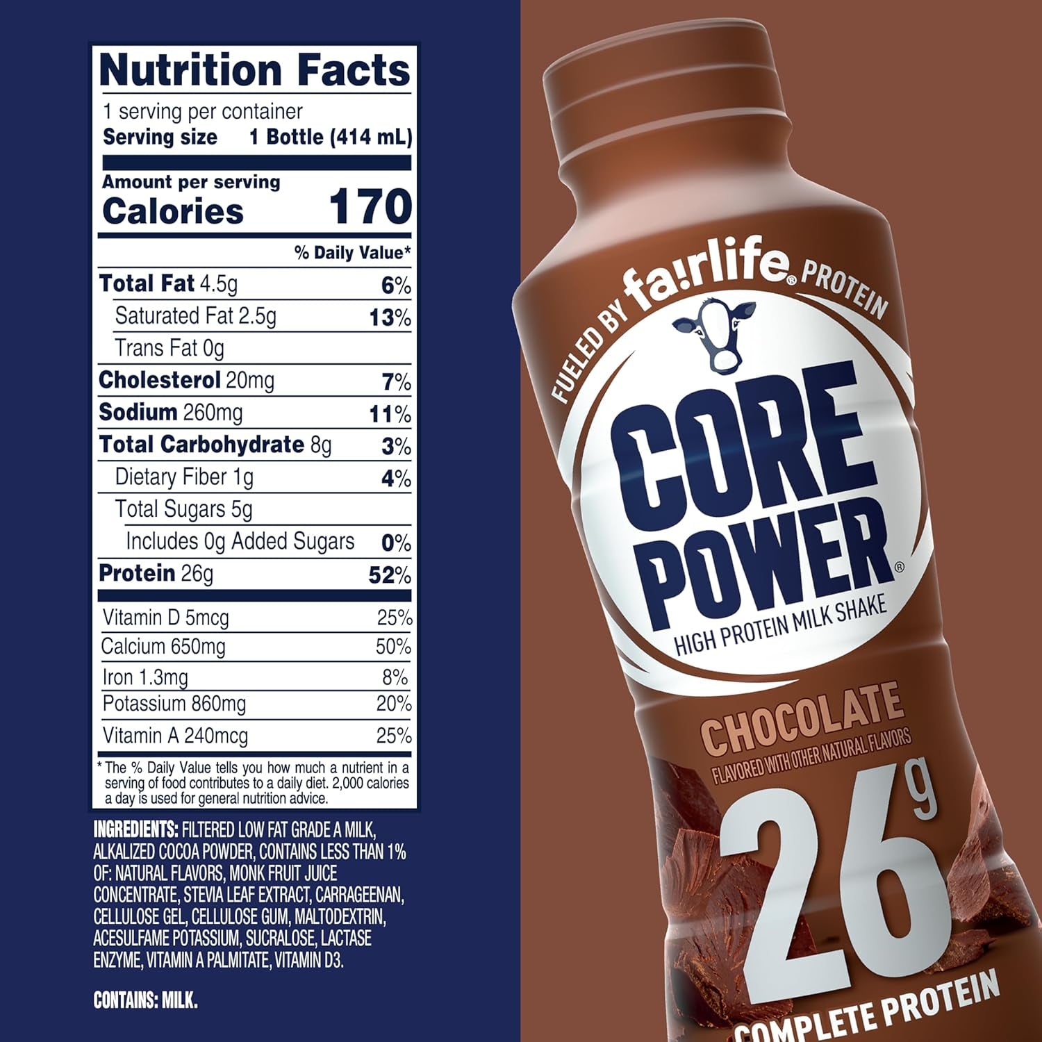 Chocolate Protein Shake – 26g Protein, Low Sugar, 14oz Bottle.