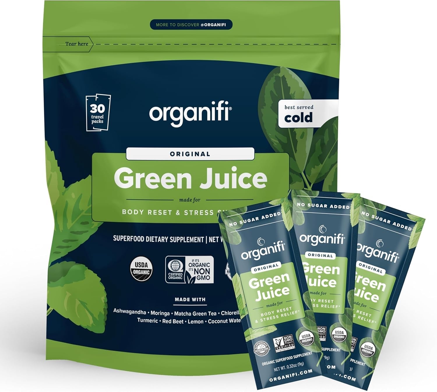 GO Packs Green Juice - Organic Superfood Supplement Powder - 30 Travel Packs