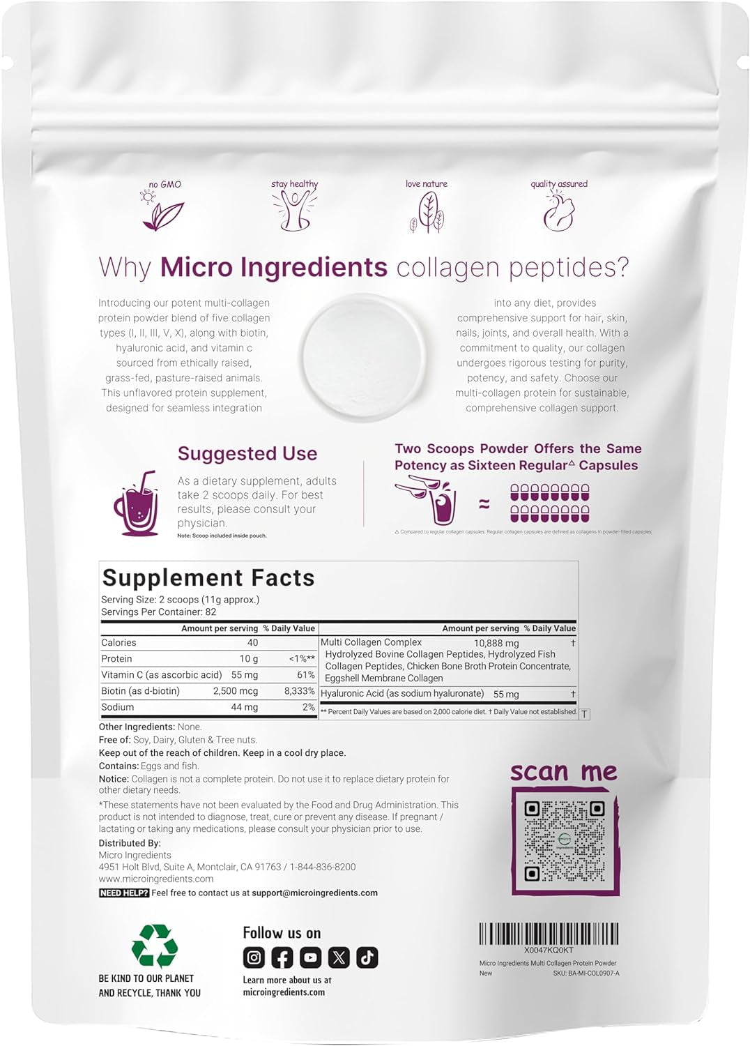 Multi Collagen Protein Powder, 2Lbs – Hydrolyzed Collagen Peptides | Type I,II,III,V,X with Biotin 10000Mcg, Hyaluronic Acid, Vitamin C – Unflavored – Keto & Paleo Friendly, Easy Dissolve, Non-Gmo