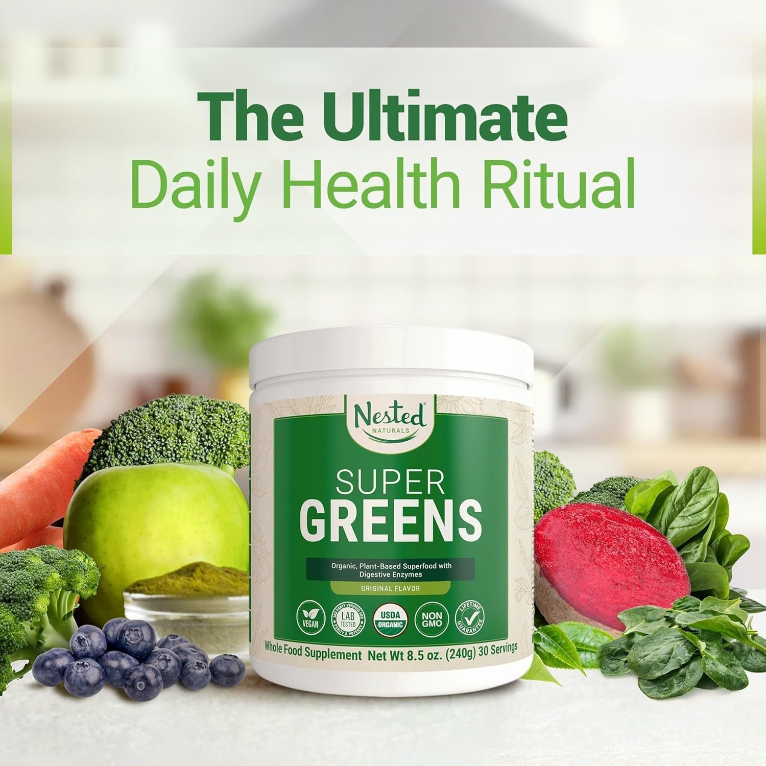 Super Greens Daily Greens Superfood Powder - Certified USDA Organic Green Powder W/20+ Whole Foods, Spirulina Powder, Wheat & Barley Grass - Probiotics, Fiber & Enzymes - Original Flavour, 30 Servings