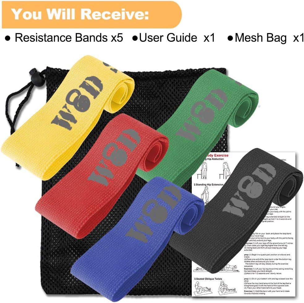 Resistance Exercise Fabric Bands, Non-Slip Booty Workout Bands for Legs & Butt and Glutes, 5 Levels Fitness Training Bands for Strength, Physical Therapy, with Carry Bag and Exercise Booklet