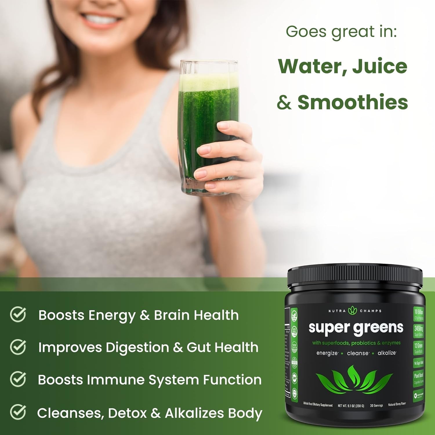 Super Greens Powder Premium Superfood | 20+ Organic Green Veggie Whole Foods | Wheat Grass, Spirulina, Chlorella | Antioxidant, Digestive Enzyme & Probiotic Blends (9.0 Oz, Berry)