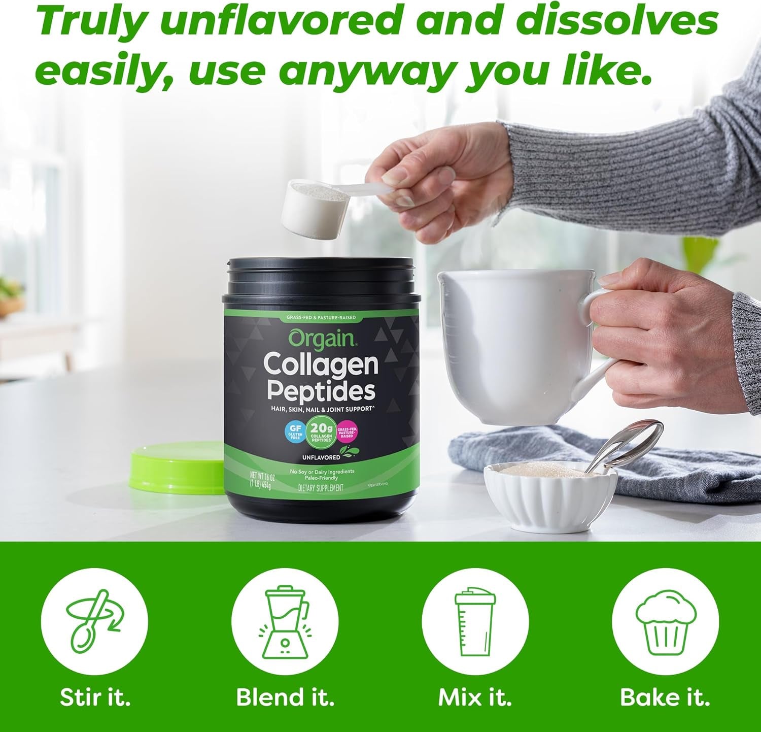 Hydrolyzed Collagen Peptides Powder for Women & Men, 20G Grass Fed Collagen, Unflavored - Hair, Skin, Nail, & Joint Support Supplement, Paleo & Keto, Non-Gmo, Type I and III, 1Lb