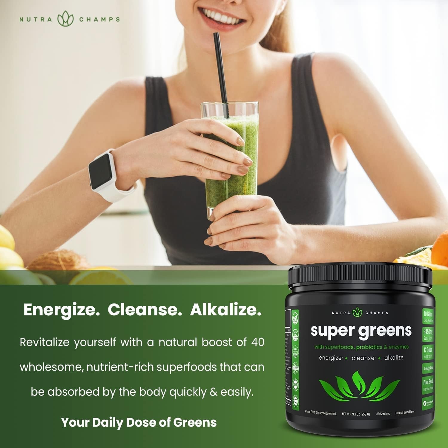 Super Greens Powder Premium Superfood | 20+ Organic Green Veggie Whole Foods | Wheat Grass, Spirulina, Chlorella | Antioxidant, Digestive Enzyme & Probiotic Blends (9.0 Oz, Berry)