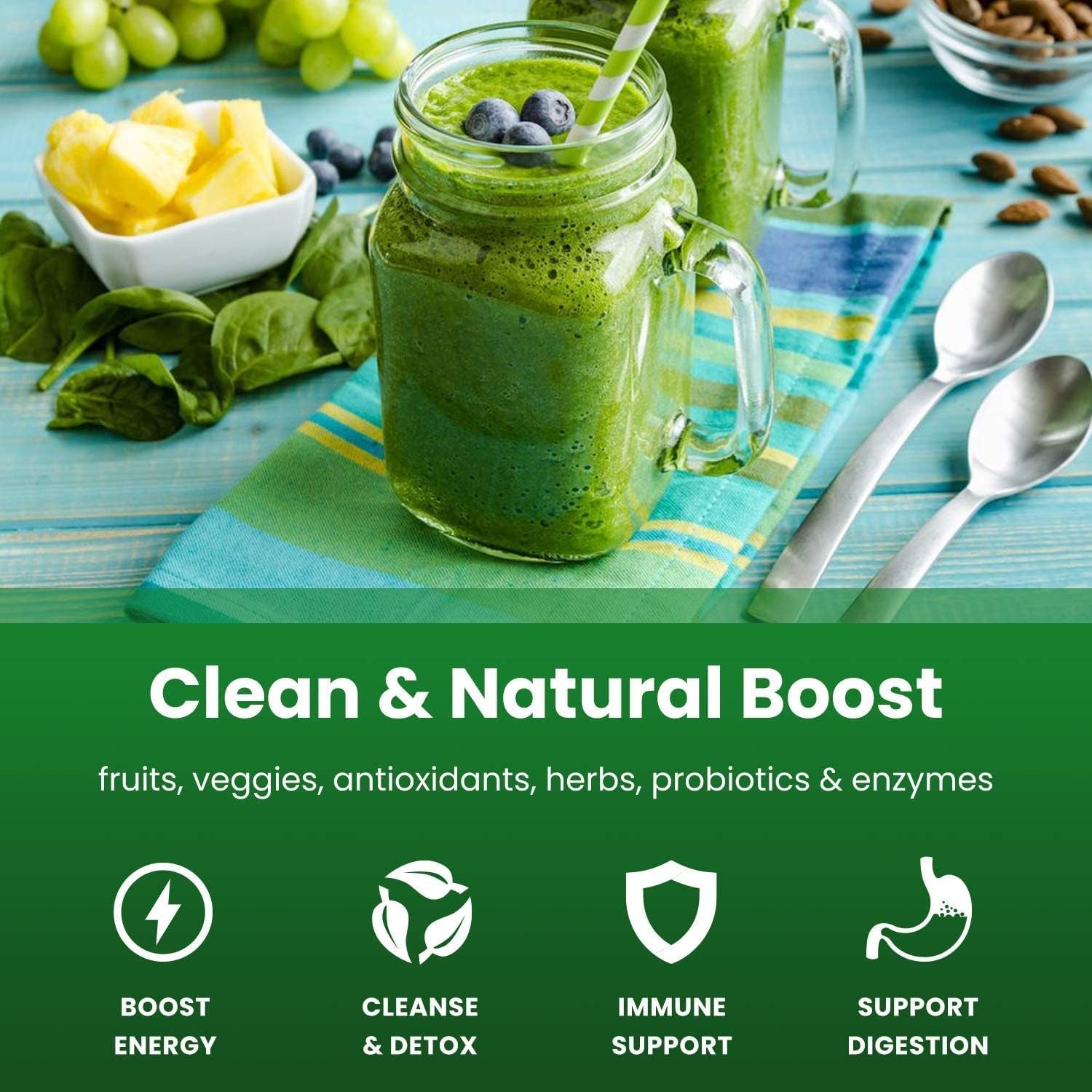 Super Greens Powder Premium Superfood | 20+ Organic Green Veggie Whole Foods | Wheat Grass, Spirulina, Chlorella | Antioxidant, Digestive Enzyme & Probiotic Blends (9.0 Oz, Berry)