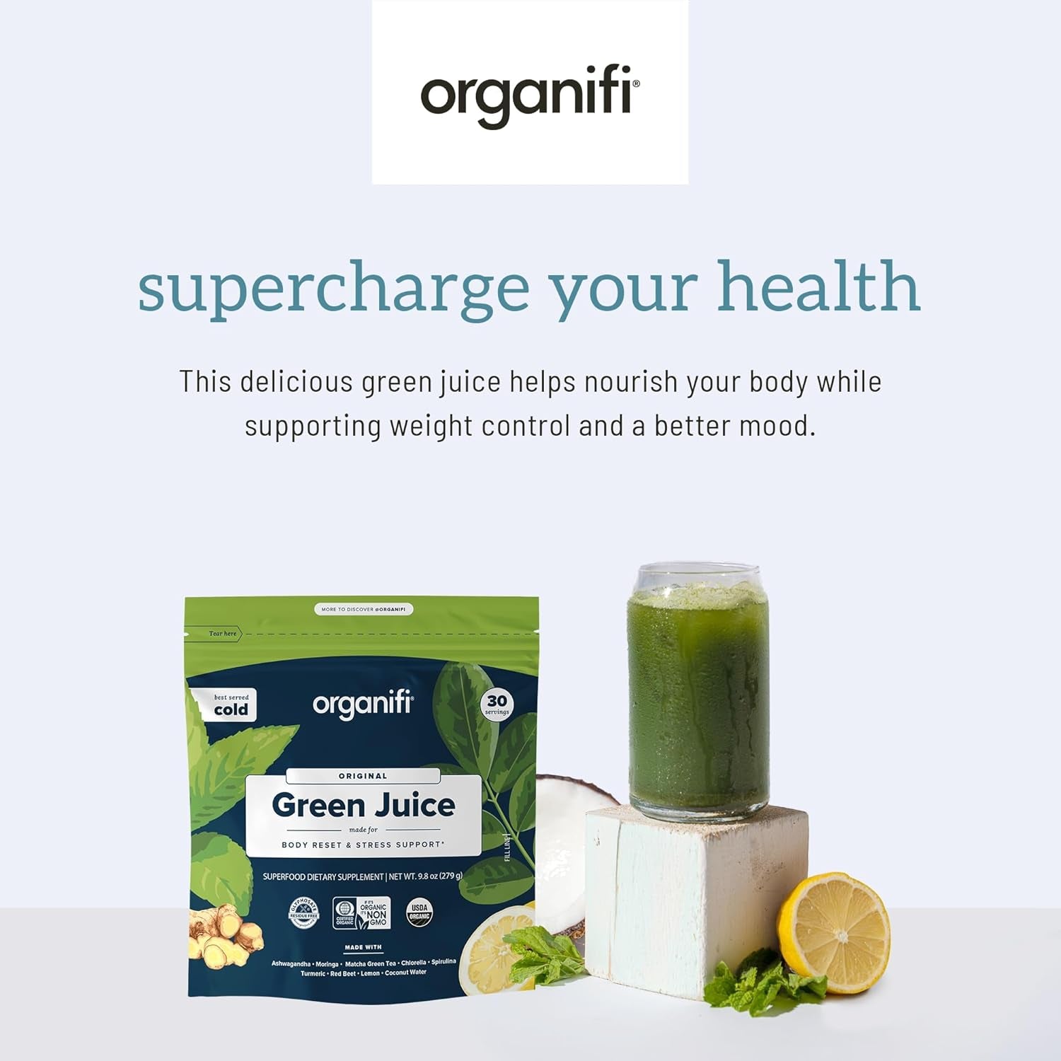 Green Juice - Organic Superfood Powder - 180-Day Supply - Organic Vegan Greens - Helps Decrease Cortisol - Provides Better Response to Stress - Supports Weight Control - Total Body Wellness