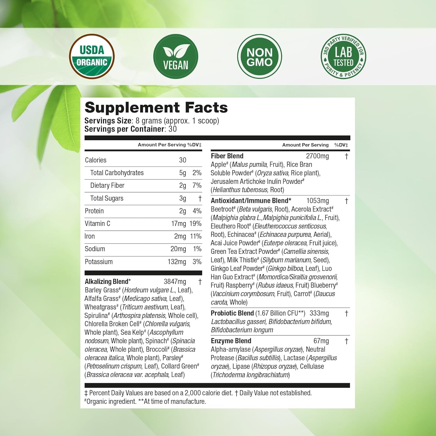 Super Greens Daily Greens Superfood Powder - Certified USDA Organic Green Powder W/20+ Whole Foods, Spirulina Powder, Wheat &amp; Barley Grass - Probiotics, Fiber &amp; Enzymes - Original Flavour, 30 Servings