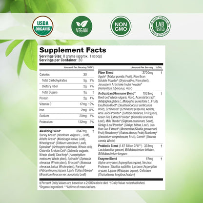 Super Greens Daily Greens Superfood Powder - Certified USDA Organic Green Powder W/20+ Whole Foods, Spirulina Powder, Wheat &amp; Barley Grass - Probiotics, Fiber &amp; Enzymes - Original Flavour, 30 Servings