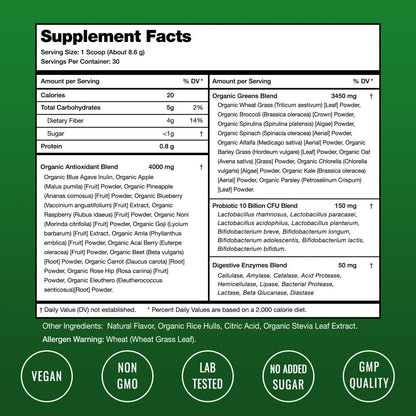 Super Greens Powder Premium Superfood | 20+ Organic Green Veggie Whole Foods | Wheat Grass, Spirulina, Chlorella | Antioxidant, Digestive Enzyme &amp; Probiotic Blends (9.0 Oz, Berry)