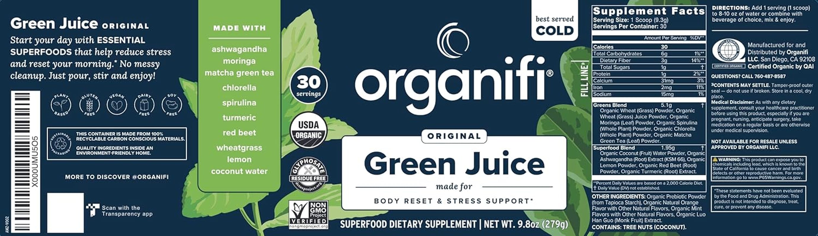 Green Juice - Organic Superfood Powder - 90-Day Supply - Organic Vegan Greens - Helps Decrease Cortisol - Provides Better Response to Stress - Supports Weight Control - Total Body Wellness