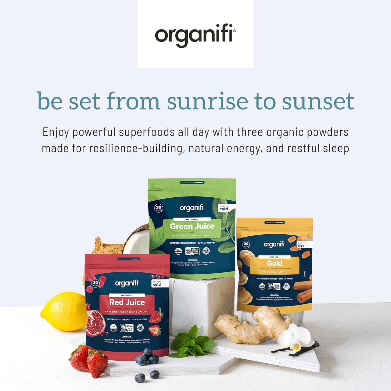 Sunrise to Sunset Power Box (9.5 Oz. Each) - Organic Superfood Powder - Green Juice, Red Juice, Golden Milk- 30-Day Supply - Vegan