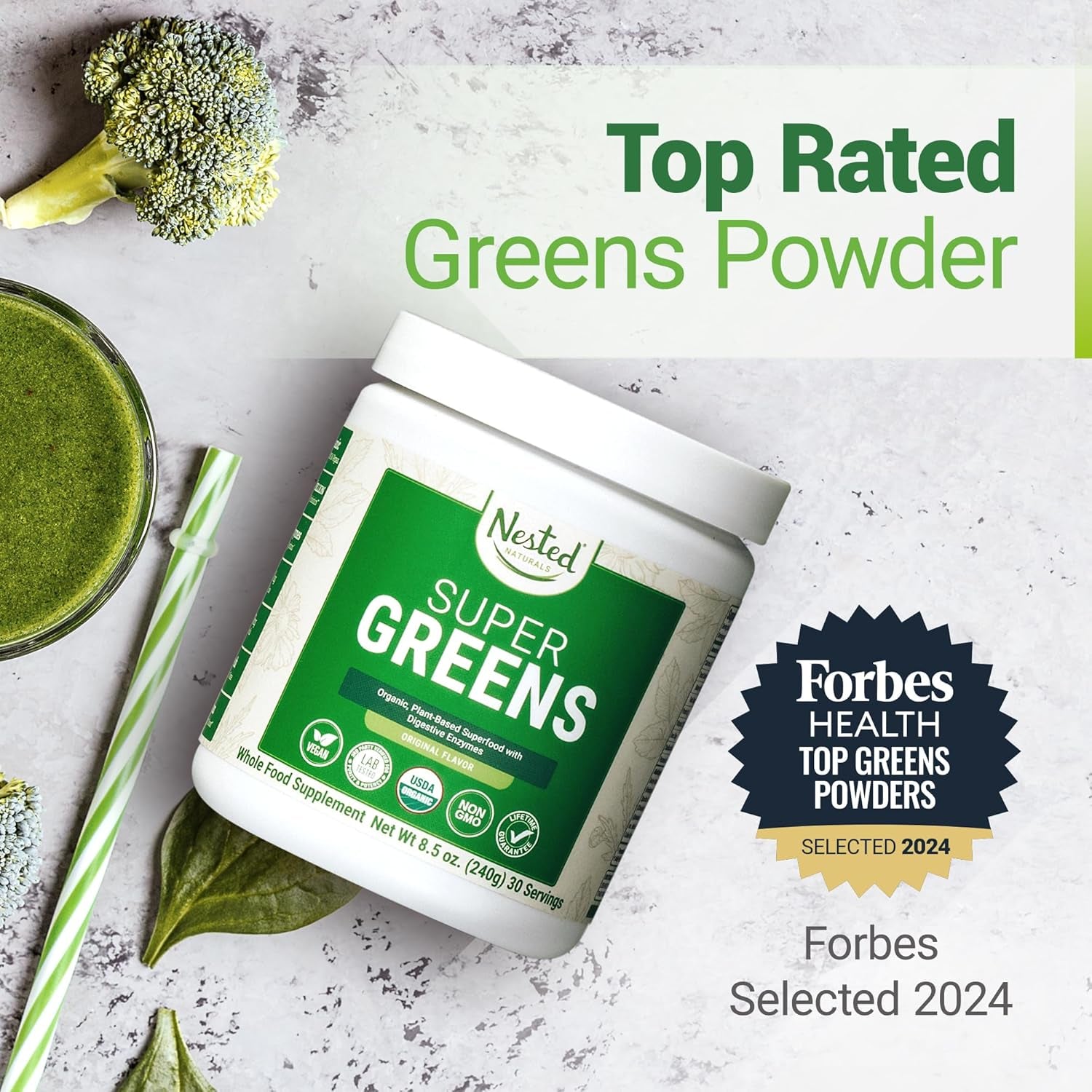 Super Greens Daily Greens Superfood Powder - Certified USDA Organic Green Powder W/20+ Whole Foods, Spirulina Powder, Wheat &amp; Barley Grass - Probiotics, Fiber &amp; Enzymes - Original Flavour, 30 Servings