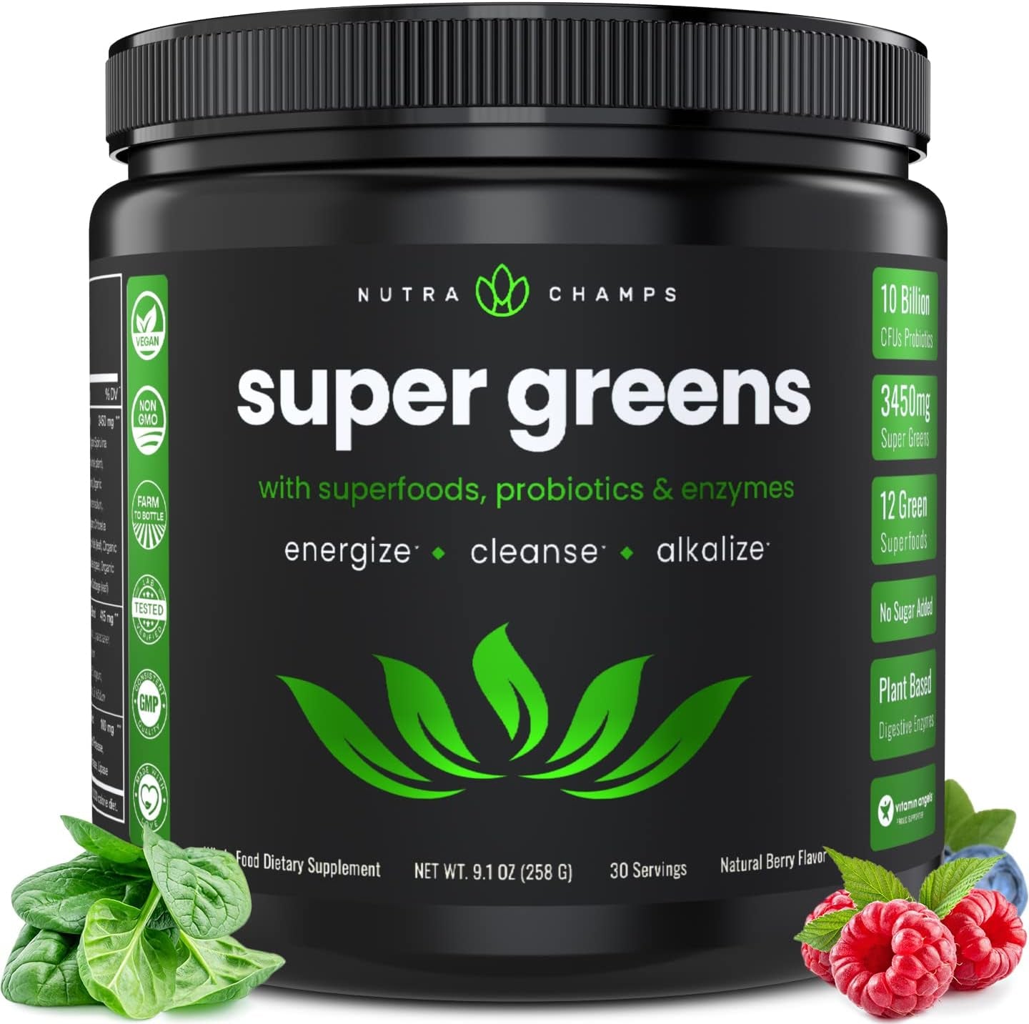 Super Greens Powder Premium Superfood | 20+ Organic Green Veggie Whole Foods | Wheat Grass, Spirulina, Chlorella | Antioxidant, Digestive Enzyme &amp; Probiotic Blends (9.0 Oz, Berry)