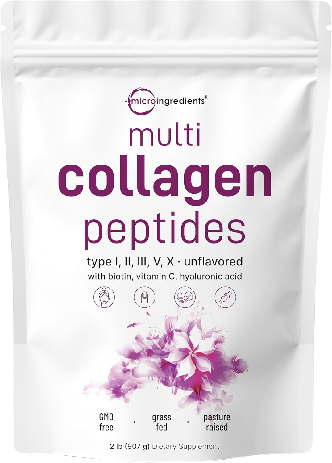 Multi Collagen Protein Powder, 2Lbs – Hydrolyzed Collagen Peptides | Type I,II,III,V,X with Biotin 10000Mcg, Hyaluronic Acid, Vitamin C – Unflavored – Keto &amp; Paleo Friendly, Easy Dissolve, Non-Gmo