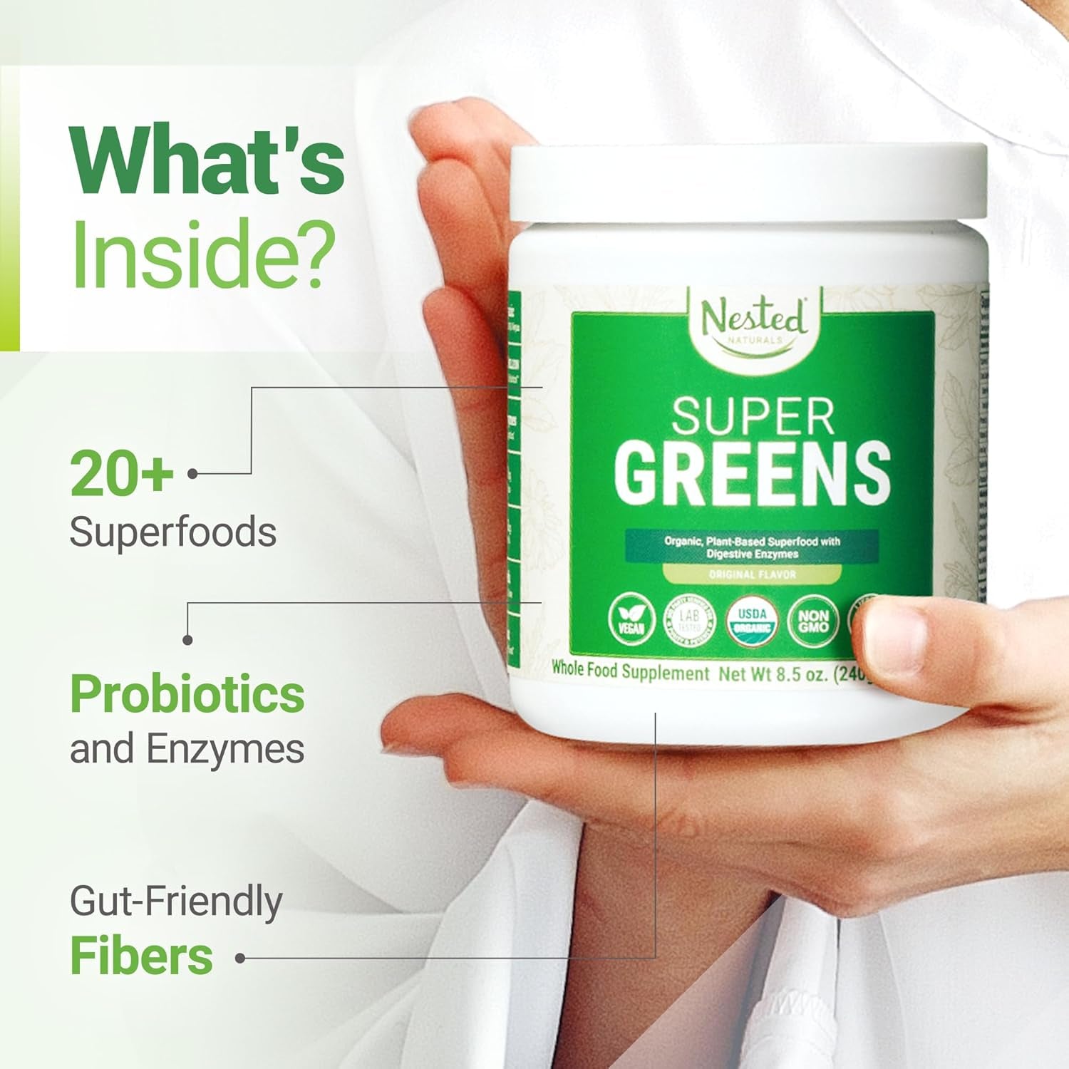 Super Greens Daily Greens Superfood Powder - Certified USDA Organic Green Powder W/20+ Whole Foods, Spirulina Powder, Wheat &amp; Barley Grass - Probiotics, Fiber &amp; Enzymes - Original Flavour, 30 Servings