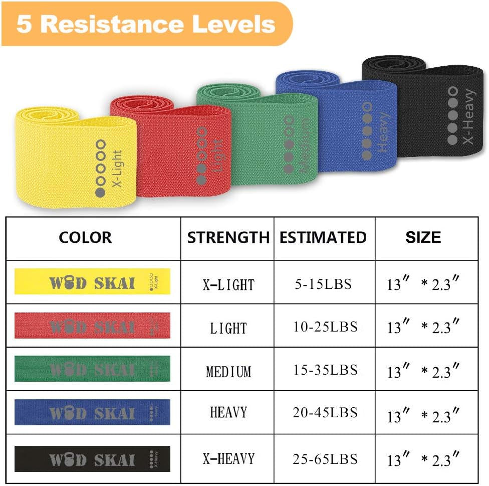 Resistance Exercise Fabric Bands, Non-Slip Booty Workout Bands for Legs &amp; Butt and Glutes, 5 Levels Fitness Training Bands for Strength, Physical Therapy, with Carry Bag and Exercise Booklet