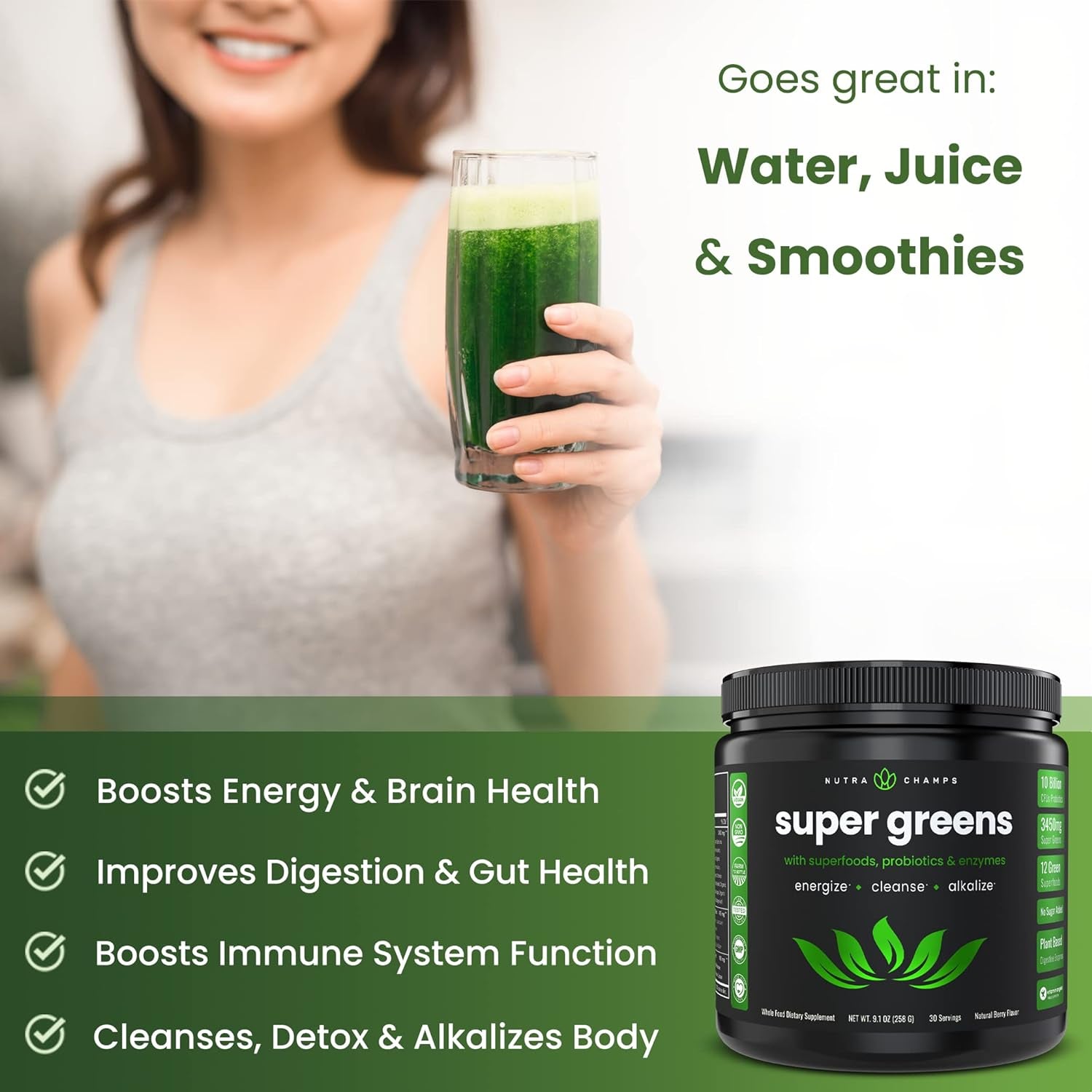 Super Greens Powder Premium Superfood | 20+ Organic Green Veggie Whole Foods | Wheat Grass, Spirulina, Chlorella | Antioxidant, Digestive Enzyme &amp; Probiotic Blends (9.0 Oz, Berry)