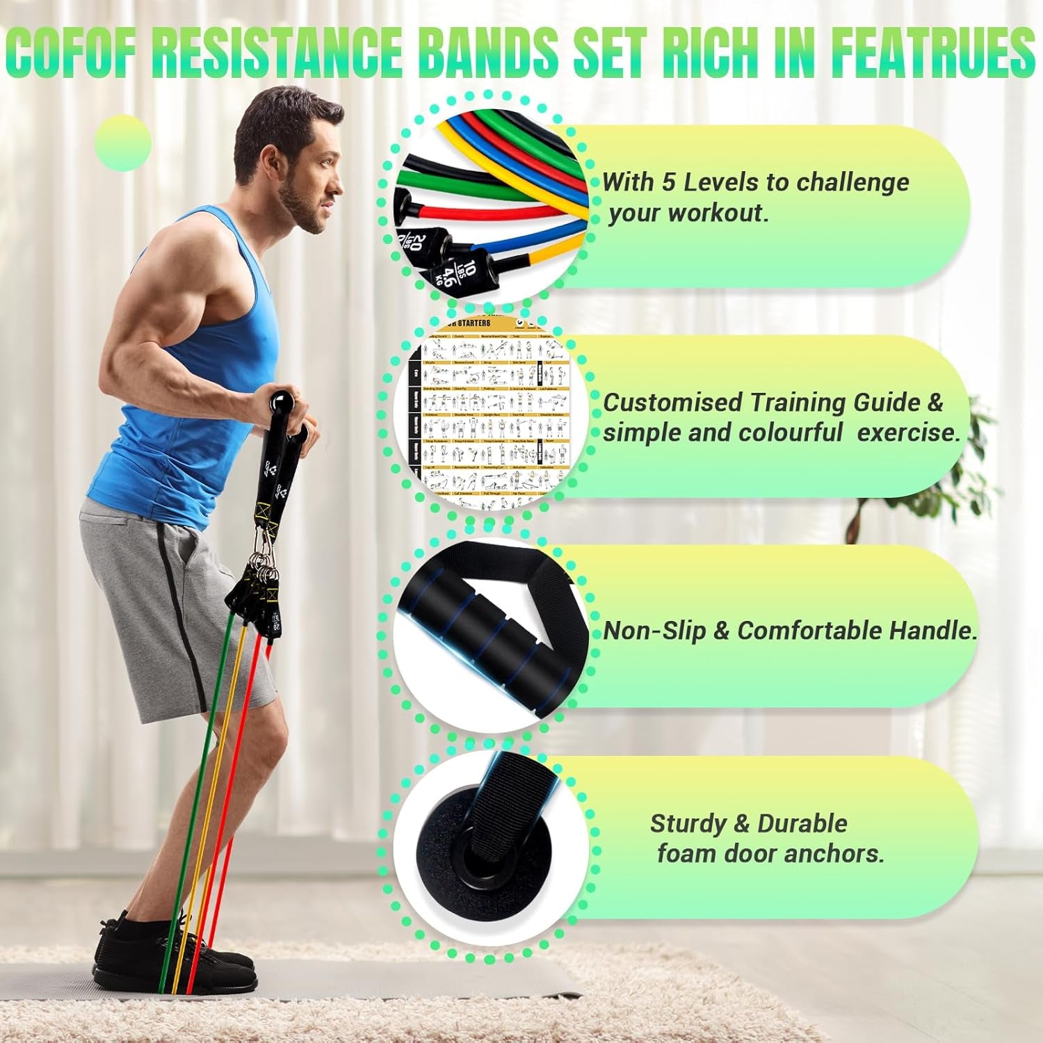 Resistance Bands Set with Yellow Handles, Exercise/Workout/Fitness Bands with Door Anchor, Legs Ankle Straps for Resistance Training，Physical Therapy，Home Gym Workout