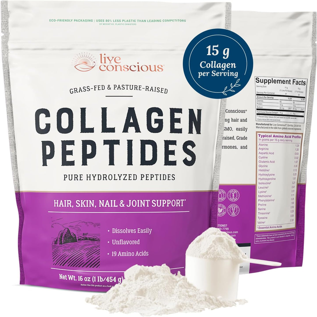 Collagen Peptides Powder - Naturally-Sourced Hydrolyzed Collagen Powder - Hair, Skin, Nail, and Joint Support - Type I &amp; III Grass-Fed Collagen Supplements for Women and Men - 16Oz